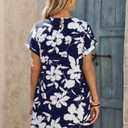 Wenrine Womens Summer Dress 2025 Floral T Shirt Dress Casual Cap Sleeve Crewneck Loose Boho Shift Mini Dresses Navy