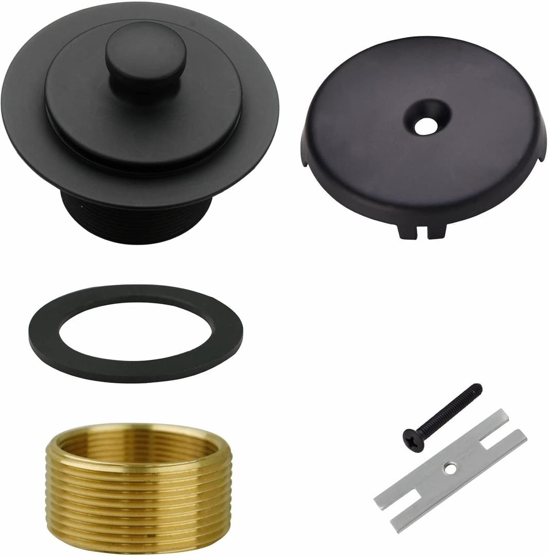 Matte Black Tub Drain and Overflow Kit with Single Hole Overflow Faceplate, Welsan Universal All Metal Lift & Turn Black Bathtub Drain Kit with Fine/Coarse Thread Conversion Twist Trim Kit Assembly