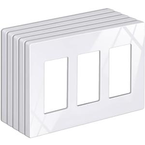 BESTTEN 5 Pack Screwless Decorative Wall Plate, 3-Gang Decorator Outlet Cover, Decor Switch Cover, USWP6 Gloss Snow White, H4.69” x W6.54”, Wallplate for Dimmer, GFCI, USB Receptacle