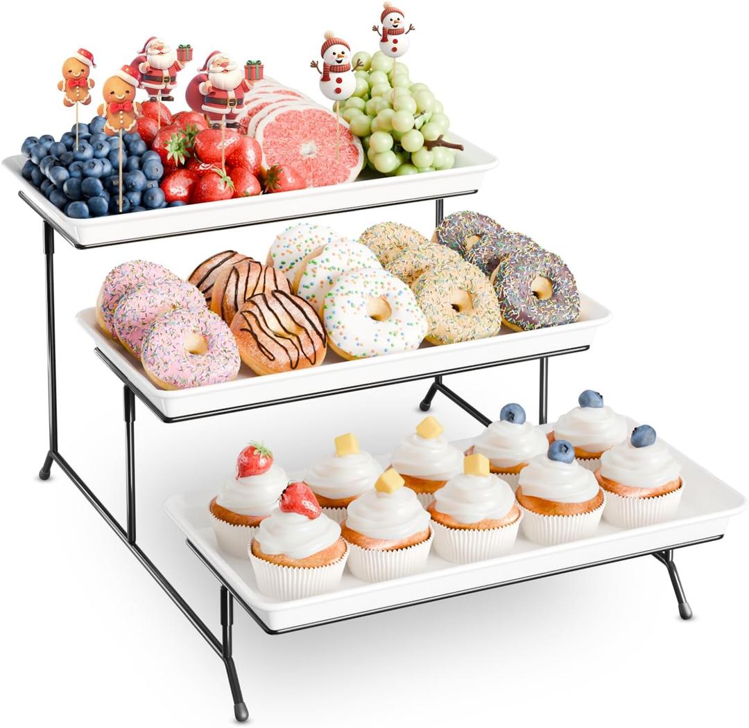 3-Tier Melamine Serving Tray Set, 14"x7" Platters for Serving Food, White Reusable Trays with Black Metal Display Stand for Cupcakes, Serving Food, Dessert, Fruit, Cookie, Black