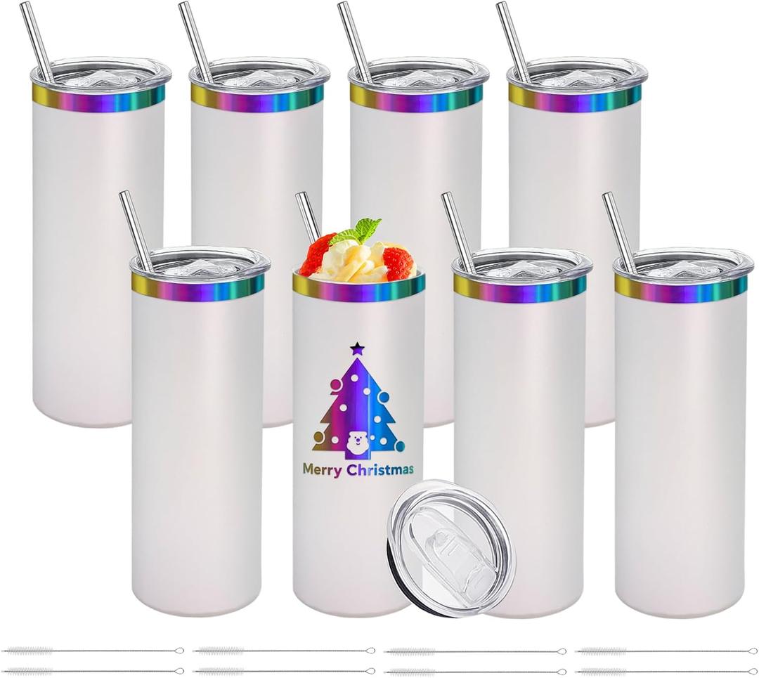 YOUKE OLA 8 Pack Rainbow Plated Stainless Steel Tumbler Straight Double Wall Powder Coated for Laser Engrave, 20oz White To Iridescent