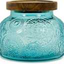 Decorative Blue Glass Jar with Airtight Wooden Lid 25.4 oz, Wide Mouth Vintage Kitchen Food Storage Container for Cookie Candy Honey Flour Spice Coffee Tea, Home Decor Sand Candle Holder Vase, Blue Flower 