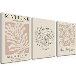 Matisse Aesthetic Canvas Wall Art Set of 3, Abstract Henri Matisse Beige Neutral Wall Home Decor Boho Flower Abstract Poster Prints, for Living Room Bedroom, 12x16 Framed