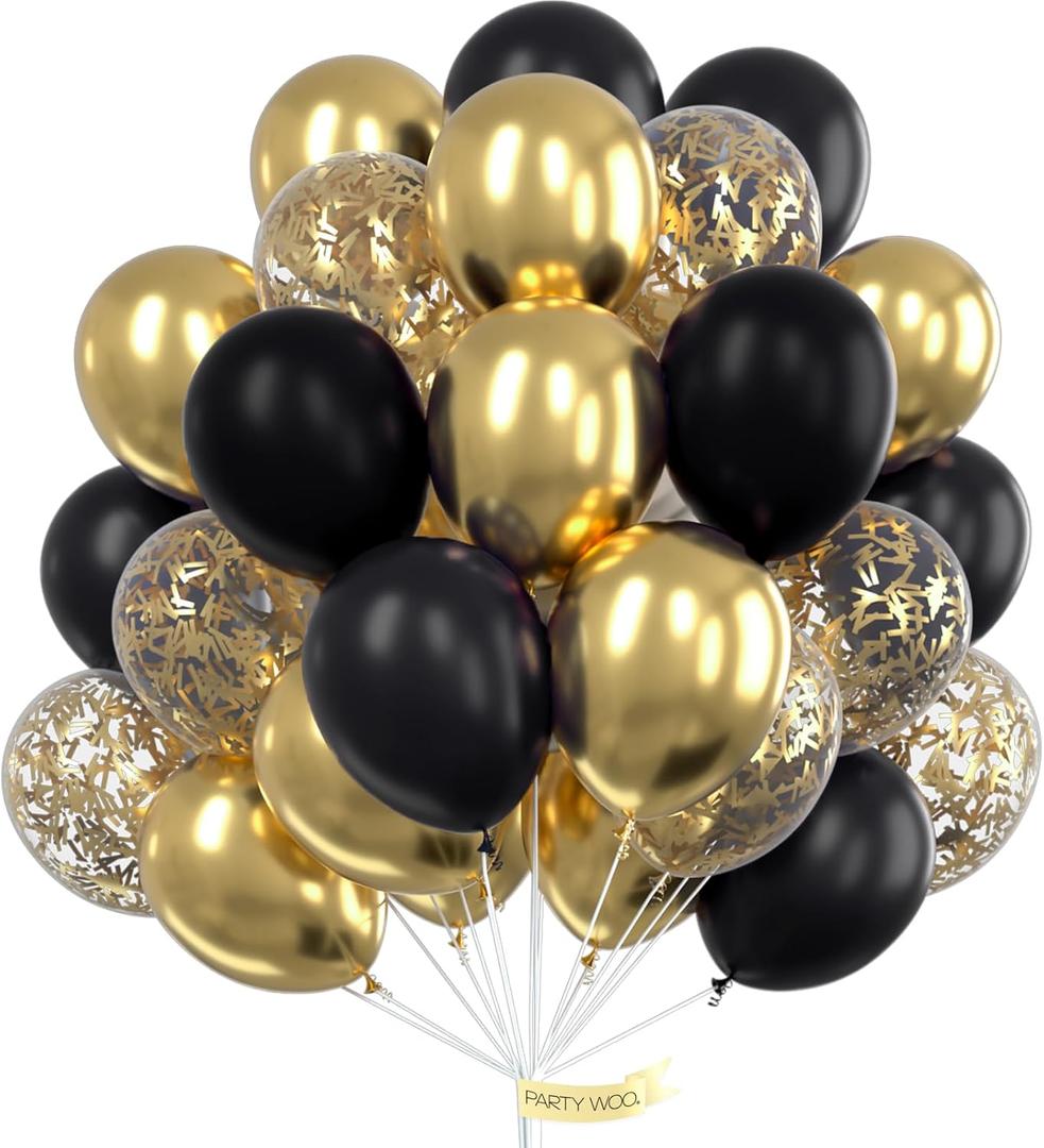 PartyWoo Black and Gold Balloons, 100 pcs 12 Inch Pack of Black Balloons and Gold Metallic Balloons, Latex Balloons for Birthday Decorations, Retirement Party Decorations, New Year's Eve Decorations