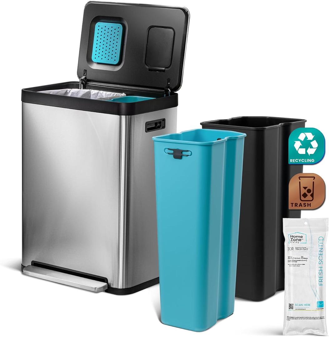 Home Zone Living 19 Gallon Kitchen Trash Can with Dual Compartments for Recycling, CleanAura Odor Control, Stainless Steel, Silver, 70 Liters Total