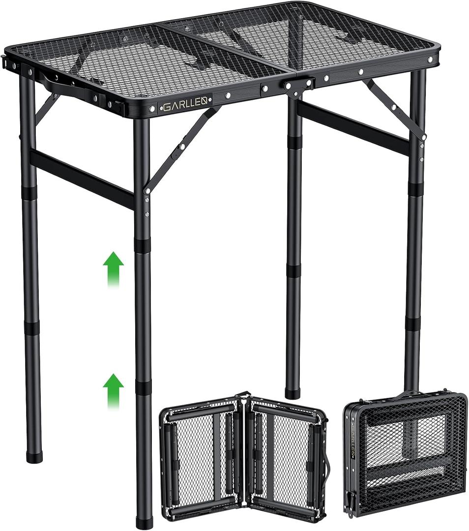 GARLLEN 2ft Folding Grill Table Max Capacity 66lbs, 3-Height Adjustable Folding Camping Table with Heat-Resistant Mesh Tabletop, Portable Aluminum Picnic Tables for BBQ, Outdoor, 22.8" L x 15.7" W