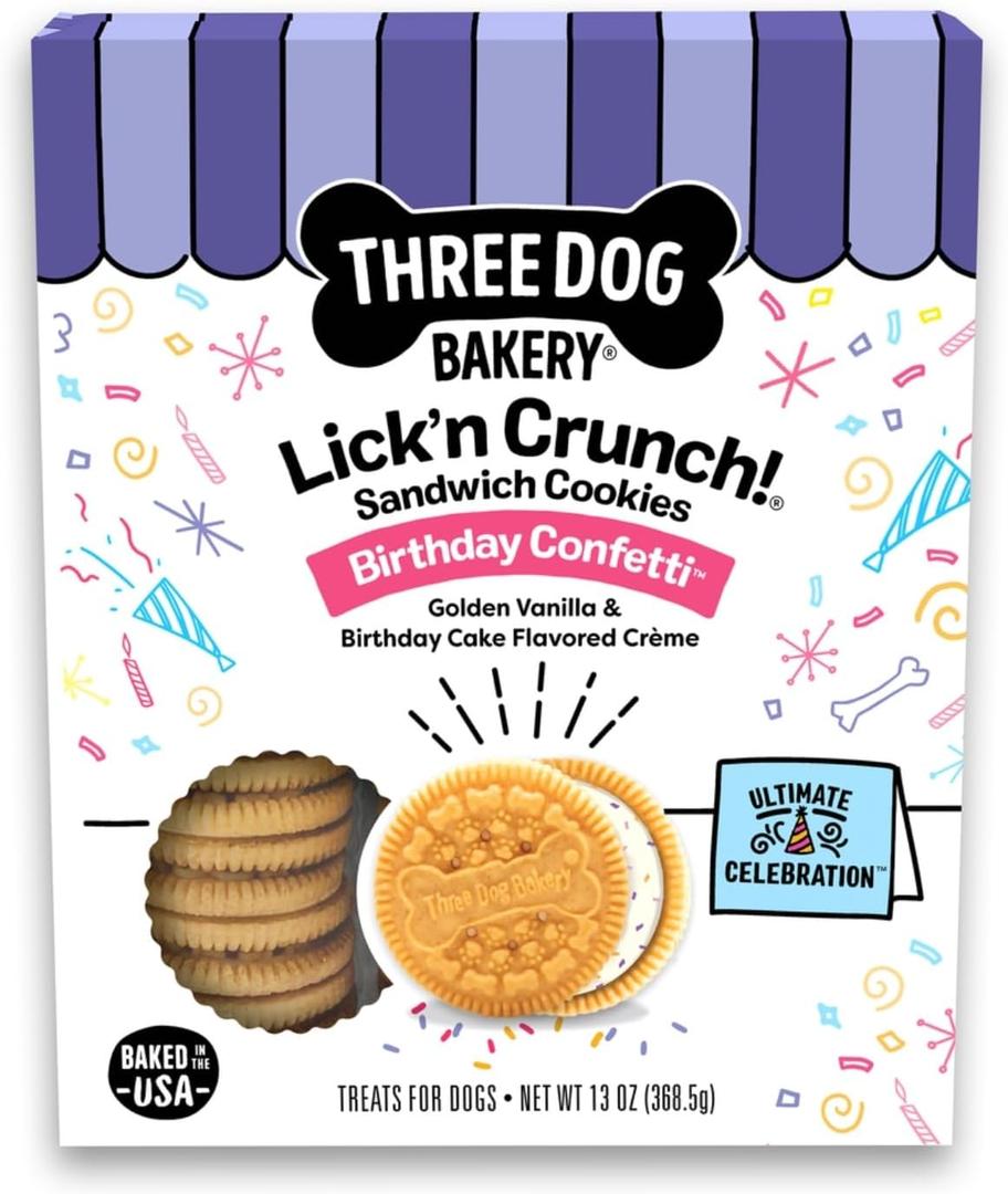 Three Dog Bakery Birthday Confetti Lickn Crunch Dog Treats, Vanilla Sandwich Cookies with Cake-Flavored Crme Filling & Sprinkles, Oven-Baked Birthday Dog Cookies for Everyday Celebrations, 13 oz (EXP 12/31/27)