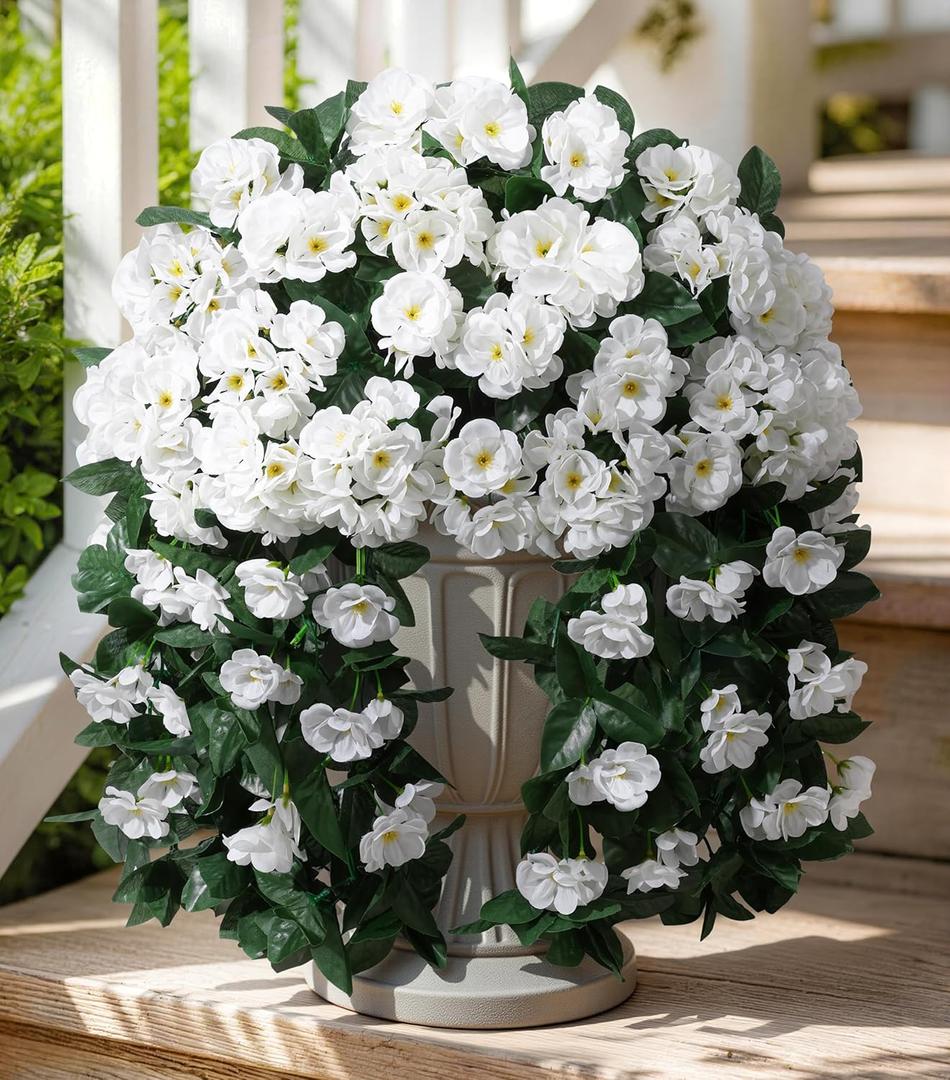 Artificial Fake Hanging Flowers Geraniums for Outdoors Spring Outside Decor, 2 PCS Faux Silk Flowers UV Resistant Outdoor Plants Realistic White Trailing Vines for Planters Porch Patio Garden Balcony
