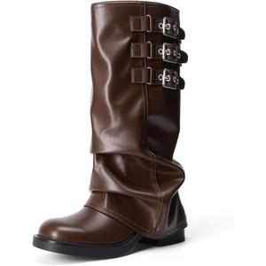 DREAM PAIRS Fold-over Knee High Boots Comfort Low Heel Slouchy Boot Stylish Buckle Long Tall Wide Calf Fashion Boots for Women, Size 8