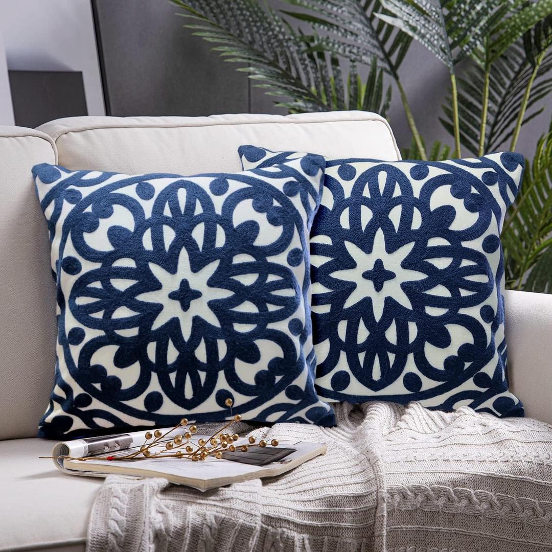Alysheer Embroidered Decorative Throw Pillow Covers 18"x18" Set of 2 Pieces, Classic Boho Mandala Knit Pattern, Durable 100% Cotton Canvas Cozy Cushion Cases for Sofa Couch Living Room (Navy Blue)