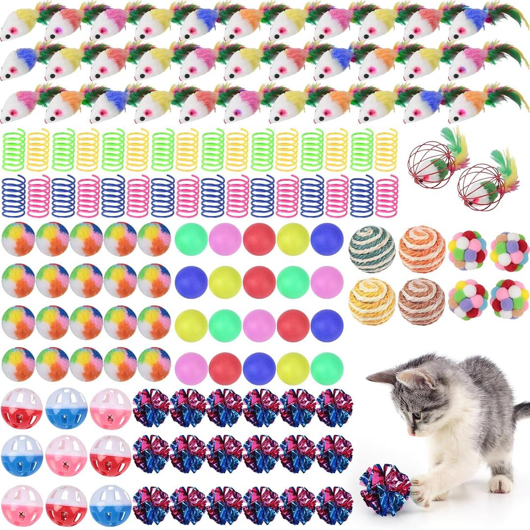 Shappy 150 Pcs Cat Toys for Indoor Cats Bulk, Kitten Toys Pack, Variety Interactive Gift Including Mice Rainbow Balls Spring Crinkle Balls Gift for Kitty Kitten Cat(Classic)