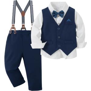 CARETOO Toddler Baby Boy Clothes Suit 5Pcs Gentleman Wedding Outfit Dress Shirt+Vest+Bow Tie+Suspender Pant Formal Set 4-5T