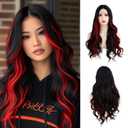 Sallcks Long Ombre Black Red Lace Wigs for Women 27.5 inch Long Wavy Middle Part Red Highlight Cosplay Costume Halloween Wig
