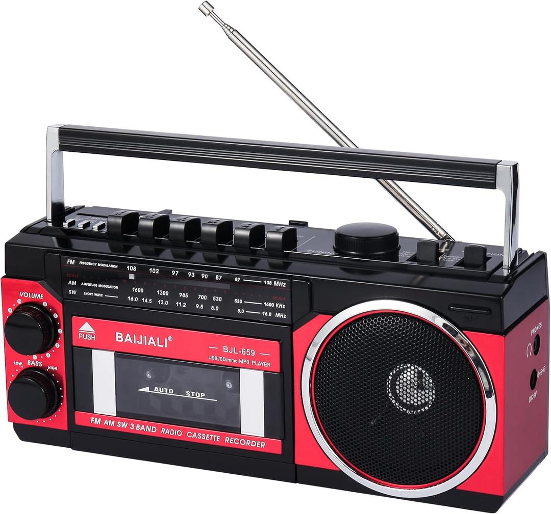 Portable Cassette Player with AM/FM/SW Radio & BT, Boombox for Home and Travel, Record from Radio, Play via SD/USB, Headphone Jack, AC/Battery Power