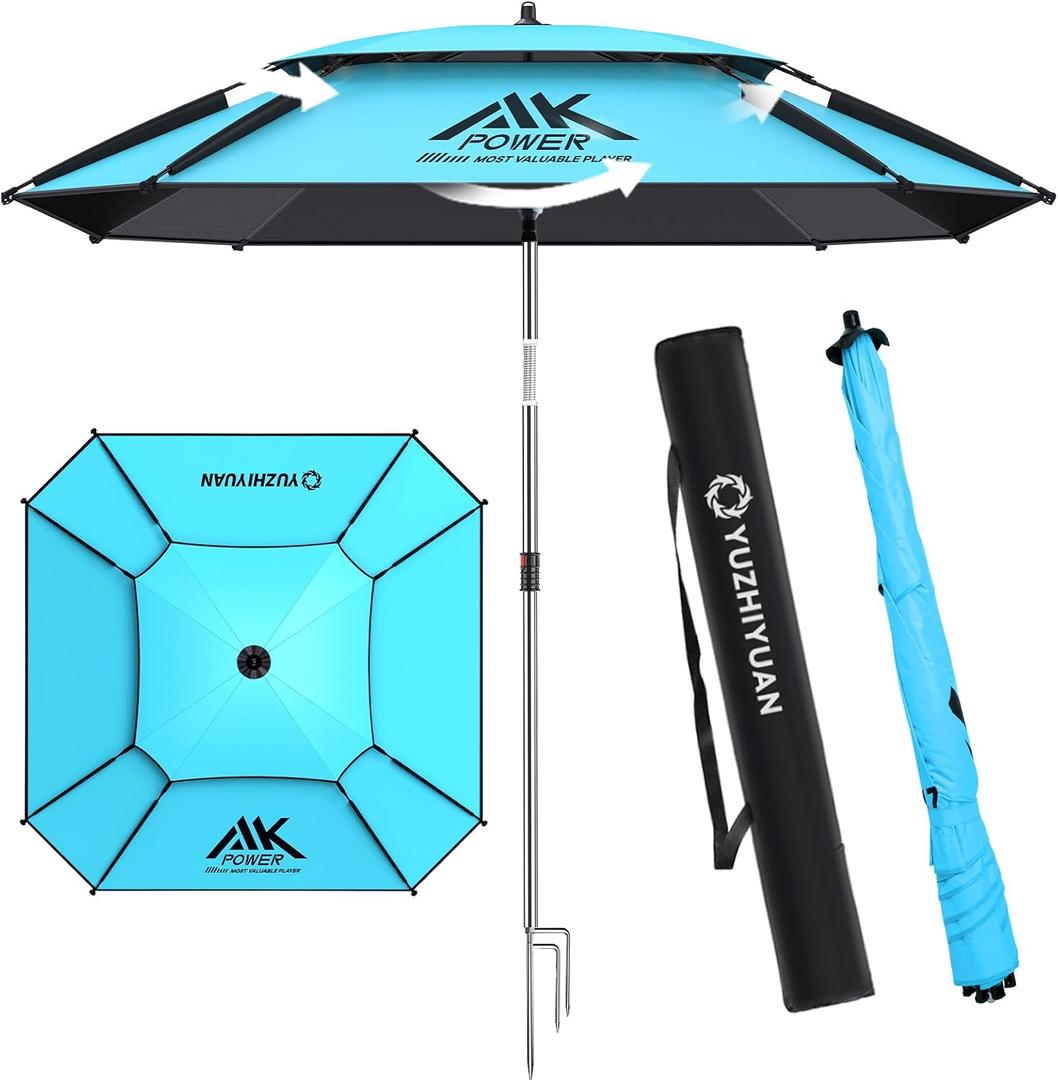 Patio Umbrella with Exclusive Black Coating, 7.2ft Heavy-Duty Double-Layer Nylon Canopy, Adjustable Tilt Sun Shade Outdoor Table Umbrella, UV Protection & Carry Bag for Beach, Fishing, Backyard