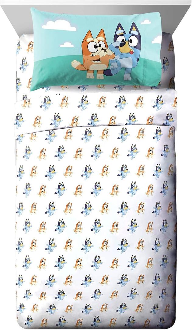 Jay Franco Kids Sheet Set with Fitted, Flat Sheets & Pillow Cover - Ultra-Soft Bedding with Pillowcase for Room Decor, White - Bluey, 3 Piece Twin