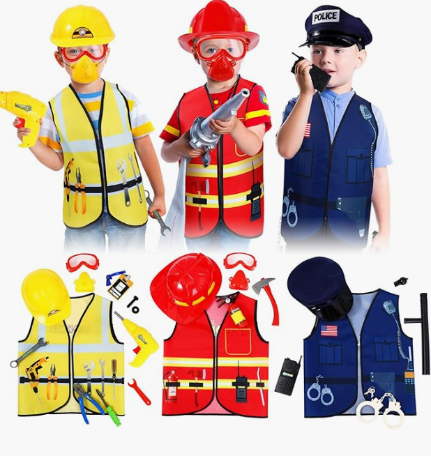 Bonuci 3 Sets Kids Dress up for Play Age 37 Years Old,dress up Costumes Vest Set Police,fireman and Worker for Toddler Kids Boys Pretend Role Accessories
