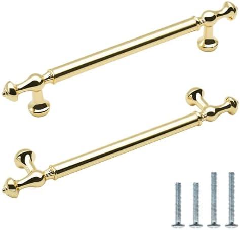 FURFITT 10 Pack Polished Gold Cabinet Pulls 5 Inch/128mm Hole Center Zinc Alloy Shiny Gold Drawer Dresser Handles Brushed Brass Kitchen Cupboard Bathroom Furniture Hardware