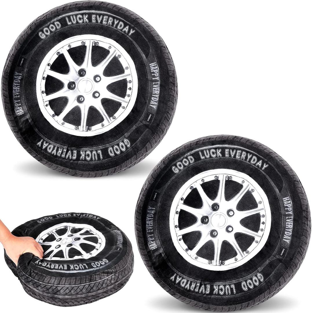 Meooeck 2 Pcs 15.7 Inch 3D Simulation Wheel Plush Pillow Car Tire Big Soft Chunky Tire Pillow Wheel Sofa Seat Toy for Boys Funny Bedroom Decor Race Car Party Gift (Classical)