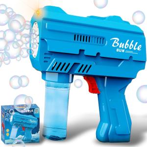 Kids Automatic Bubble Gun LED Light & Refill Solution  Leakproof Bubble Blaster, Outdoor Toys Toddlers 3-8, Birthday Gift, Easter Stuffer, Wedding & Party Supplies (Blue)