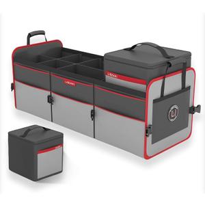 LIBZAKI Car Trunk Organizer,3 Compartments Big Trunk Storage, Large Capacity, Foldable, 95L Heavy Duty Storage Box for Car, SUV, Truck,Jeep, Includes 26L Cooler Bag-Gray&Black
