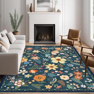 Washable Area Rug, Floral Rug, Large Carpet for Living Room & Bedroom, 9'x 12',Blue