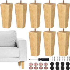 TURSTIN Set of 8 Furniture Legs 6 Inch Square Solid Wood Couch Legs Replacement Sofa Legs Mid Century Furniture Feet for Armchair Bed Dresser Cabinet Include Installation Hardware, Natural