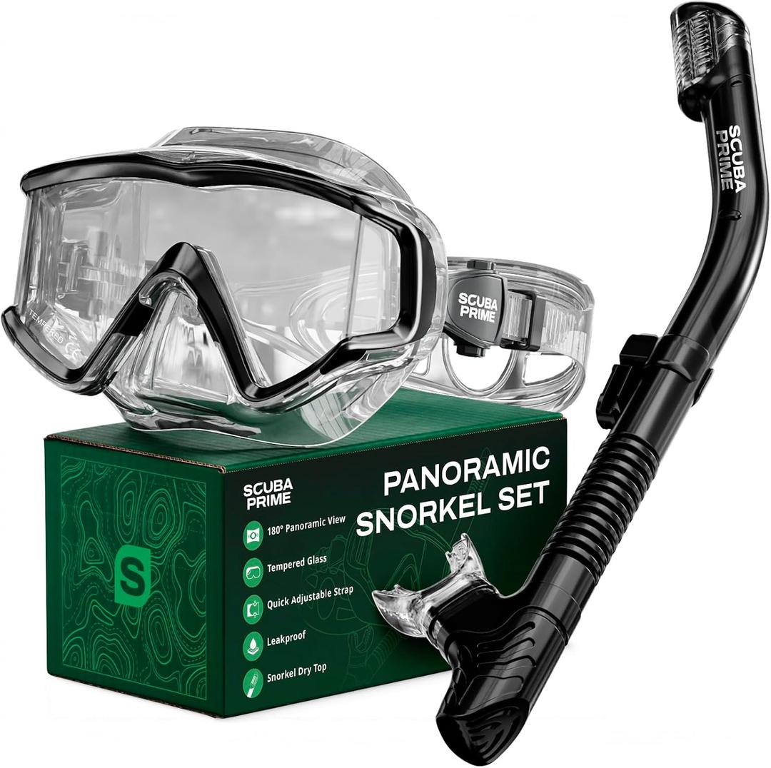 Pano 3 180° Panoramic Dive Mask, Three-Window Tempered Glass Scuba Mask with Dry Top Snorkel, Dual-Layer Silicone Skirt Anti-Leak Diving Gear for Men Women Teens Adults, 4 Color Options
