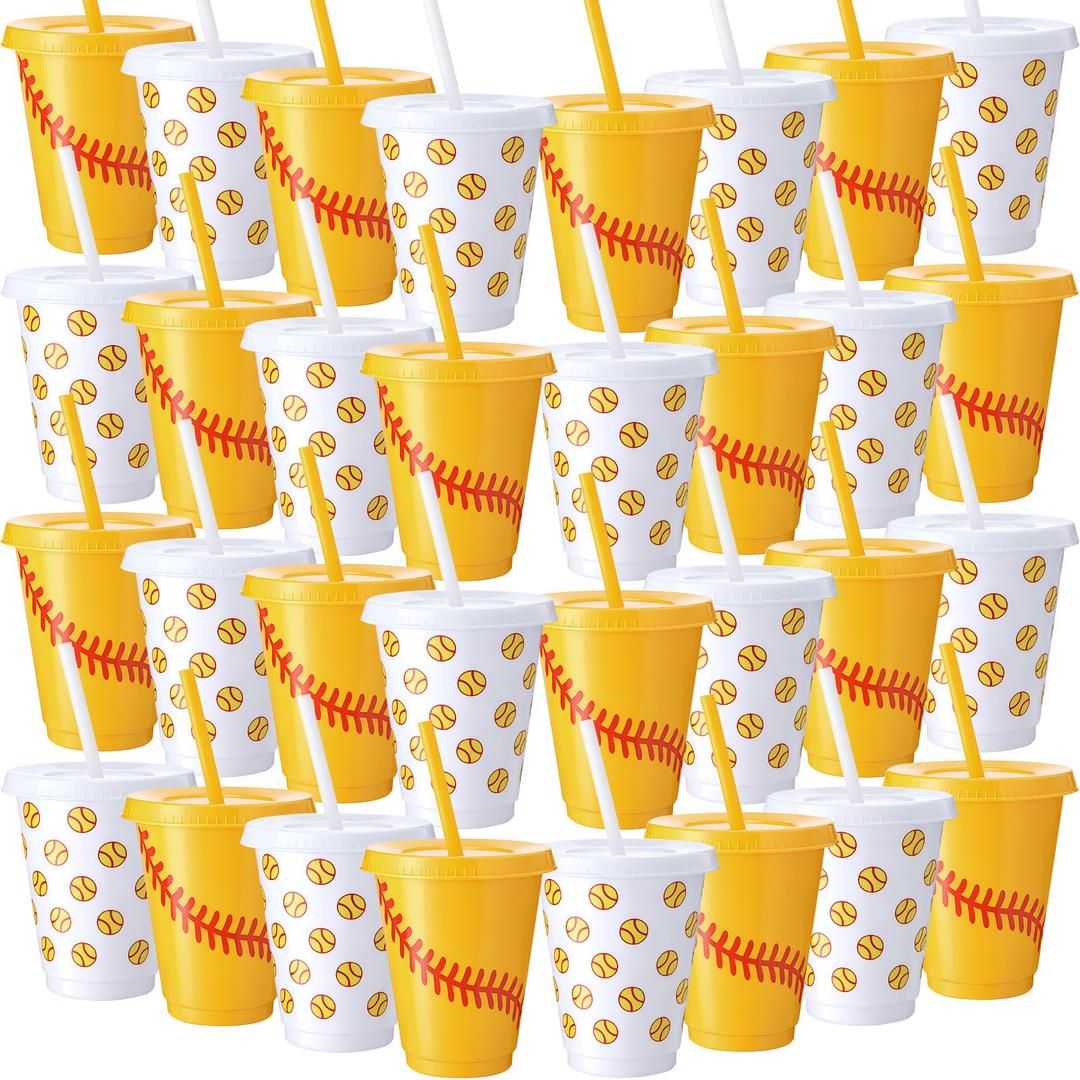 Sieral 30 Pcs Softball Cups with Straws and Lids, 16 oz Reusable Plastic Tumblers Iced Coffee Travel Mug Sports Softballs Water Bottle for Softball Theme Party Favor Birthday Decorations