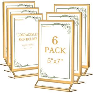 Petallush 6PCS Gold Acrylic Picture Frame Stands Holders for Tables Display 5x7, Double Sided Acrylic Wedding Table Number Sign Holder, Clear Menu Flyer Paper Holder for Wedding Party Decor