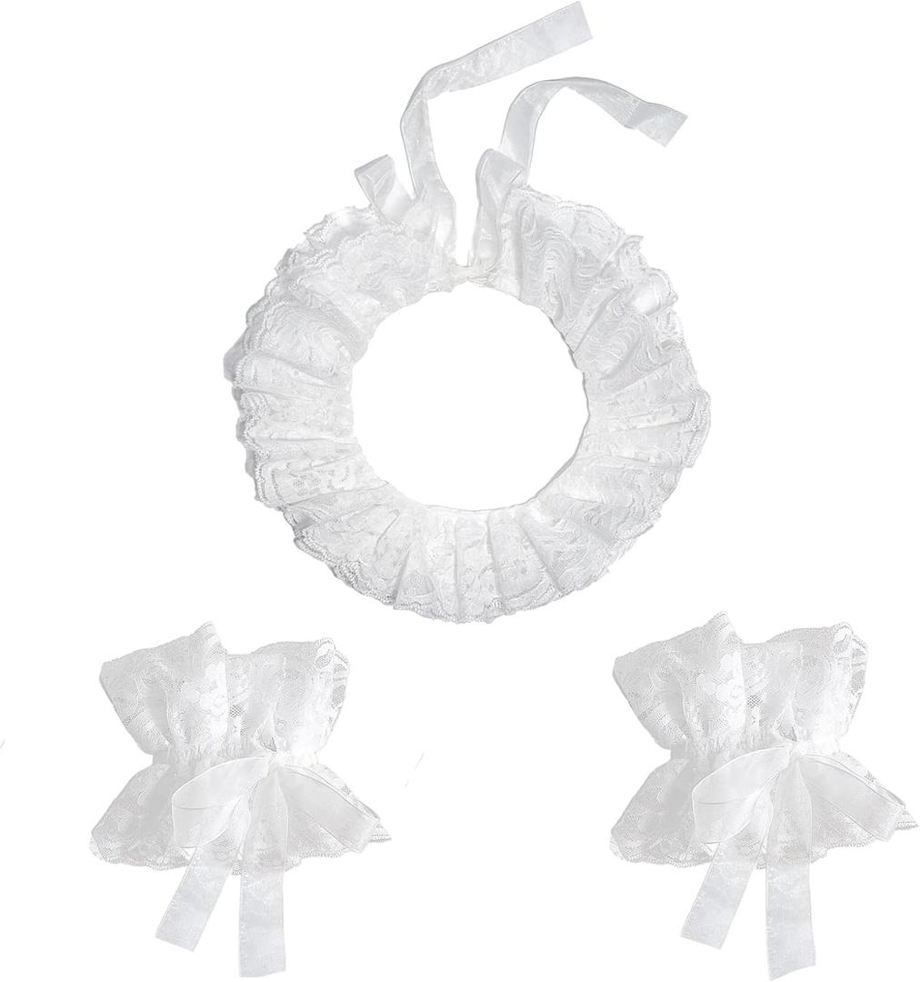 Clown Collar and Cuffs,Jester Neck Ruffle Lace Detachable Clown Costume Accessories Halloween (One Size, White)