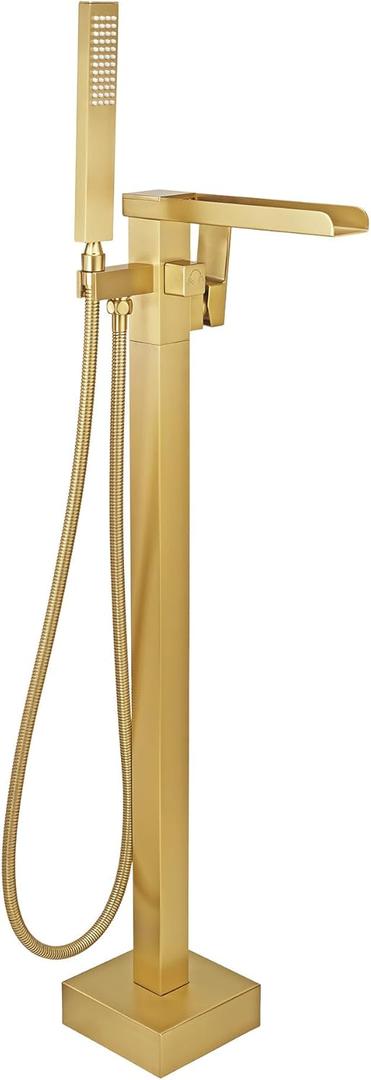 Free Standing Tub Faucet Brushed Gold, Floor Mount Freestanding Tub Faucets, Brass Stand Alone Tub Filler, Waterfall High Flow Bathtub Shower Mixer Tap