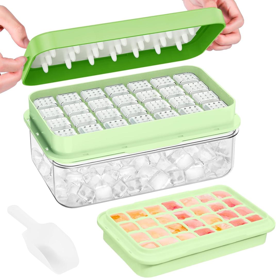 Ice Cube Tray with Lid and Bin, 28 pcs Ice Cubes Molds, Ice Trays for Freezer, Ice Cube Tray Mold, with 1 tray, Ice Freezer Container, Spill-Resistant Removable Lid & Ice Scoop, for Whiskey,Cocktail (Green)