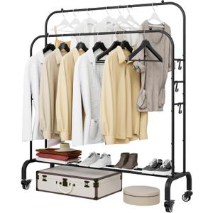 Garment Rack with Wheels Clothing Rack for Hanging Clothes Multi-functional Bedroom Clothes RackBlack+Double RodsBlack