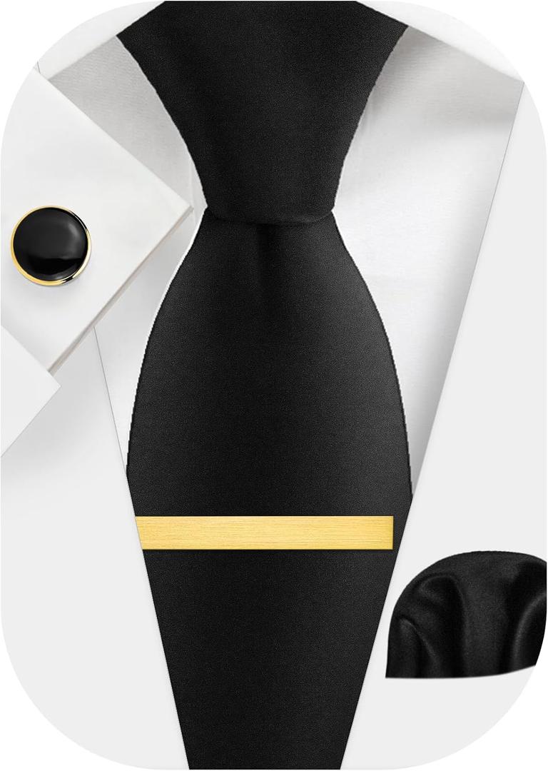 Black Ties for Men and Cufflinks Tie Clip Set, Solid Satin Necktie for Father's Day,Anniversary,Wedding and Bussiness.