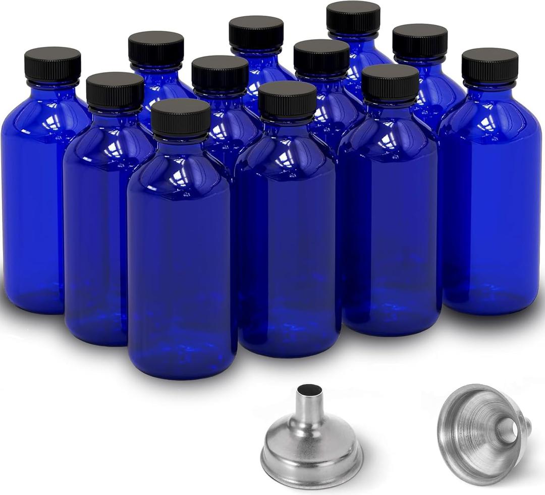DIDITIME 2 oz Shot Bottles with Caps & Stainless Steel Funnels, Juicing Bottle Reusable Glass, 60ml Small Jars with Lids for Potion, Ginger Shots, Oils, Juice (Cobalt Blue, 12-pack)