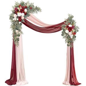 Artificial Wedding Arch Flowers Kit(Pack of 4),2Pcs Artificial Flower Arch Decor, 2Pcs Chiffon Fabric Drapes, Ceremony Decoration, Floral Outdoor Party Decor (Burgundy & Blush)
