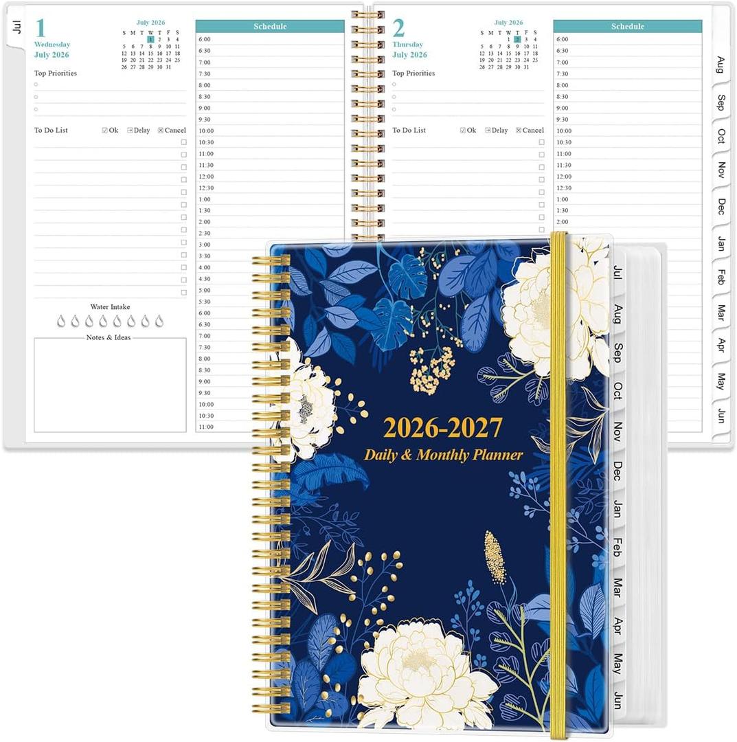 2026-2027 Daily & Monthly Planner - One Page Per Day, Daily Planner from July 2026 - June 2027, Planner 2026-2027 with 12 Monthly Tabs, 8.5" x 11", Blue Leaf Flower