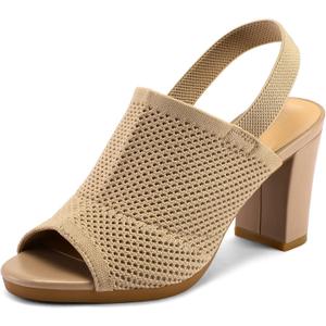 mysoft Women's Knit Chunky Block High Heels Elastic Slingback Open Toe 3 Inch Heeled Sandals (7, Almond)