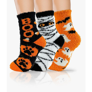 72-Needle Buttery Soft Halloween Fuzzy Socks for Women Girls, Cozy Funny Crazy Cute Fluffy Warm Slipper Socks 3 Pairs, Halloween Gifts Boo Spooky Basket Stuffers