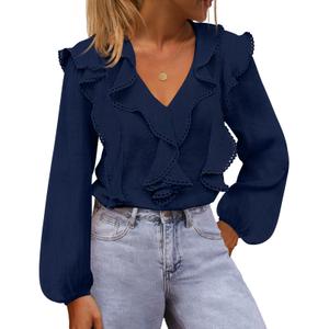 MEROKEETY Womens Spring Summer Long Sleeve Ruffle Blouse 2026 Dressy Casual Top V Neck Trendy Work Business Work Shirts, Navy, Medium (Blue, M)