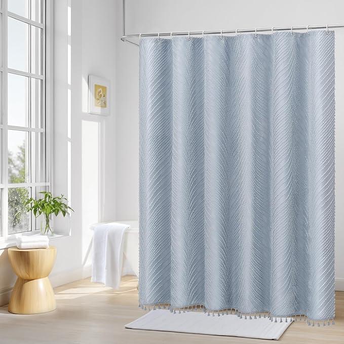 Boho Long Shower Curtain, 72 x 78, Elegant Tufted Striped Leaf Textured Shower Curtain, Soft Privacy Protect with 12 Hooks, Machine Washable, Fog Blue