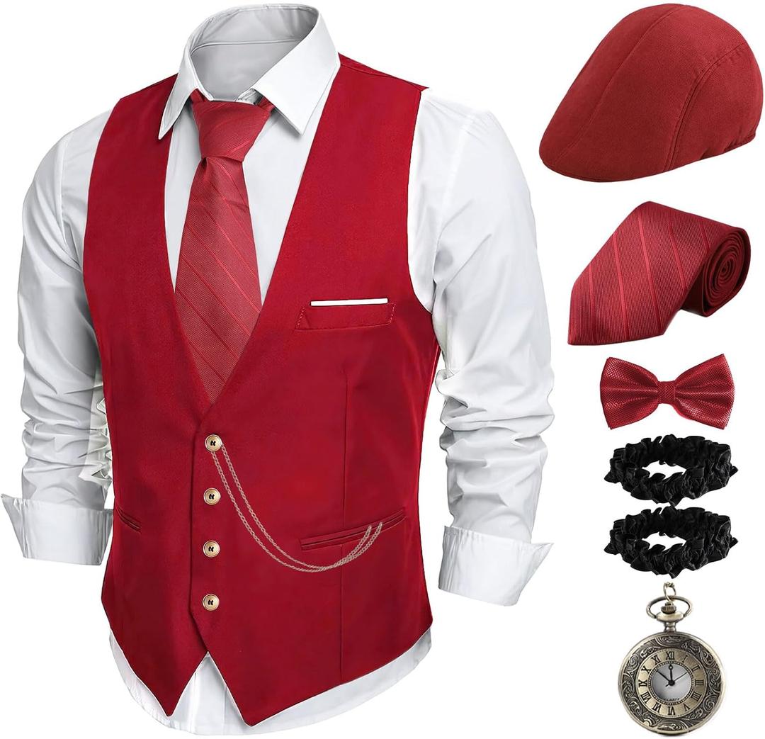 PARTTELY 1920s Mens Costume,Roaring 20s Costumes for Men,1920S Mens Outfit Accessories with Vest Hat Pocket Watch Tie Armband (Red, L)