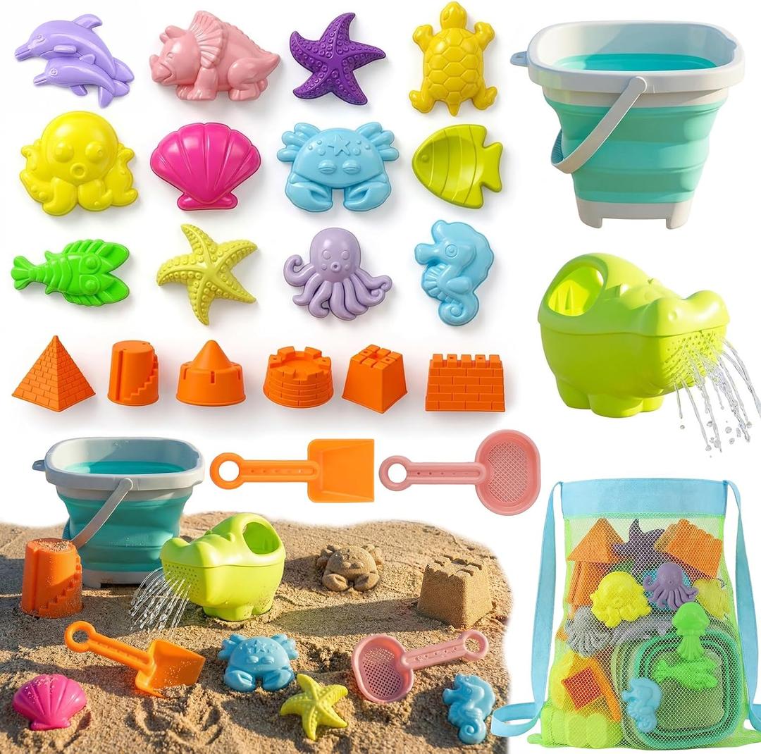 TOY Life 23 Pcs Ocean Beach Toys for Kids Ages 4-8 Collapsible Sand Toys with Watering Can, Silicone Bucket, Sand Castle Building Kit, Mesh Bag Ocean Animal Molds Travel Sandbox Toy for Summer Play