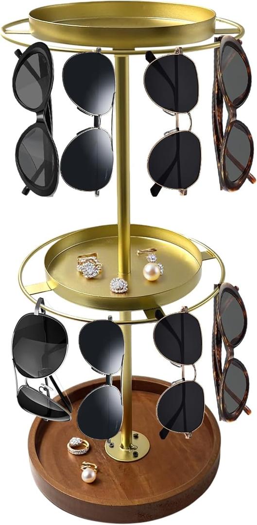 Ysenchan 360 Rotating Sunglass Organizer Gold Glasses Holder with Wooden Tray Base, Eyeglass & Sunglasses Organizer for Desk, Dresser, Tabletop, and Home Decor