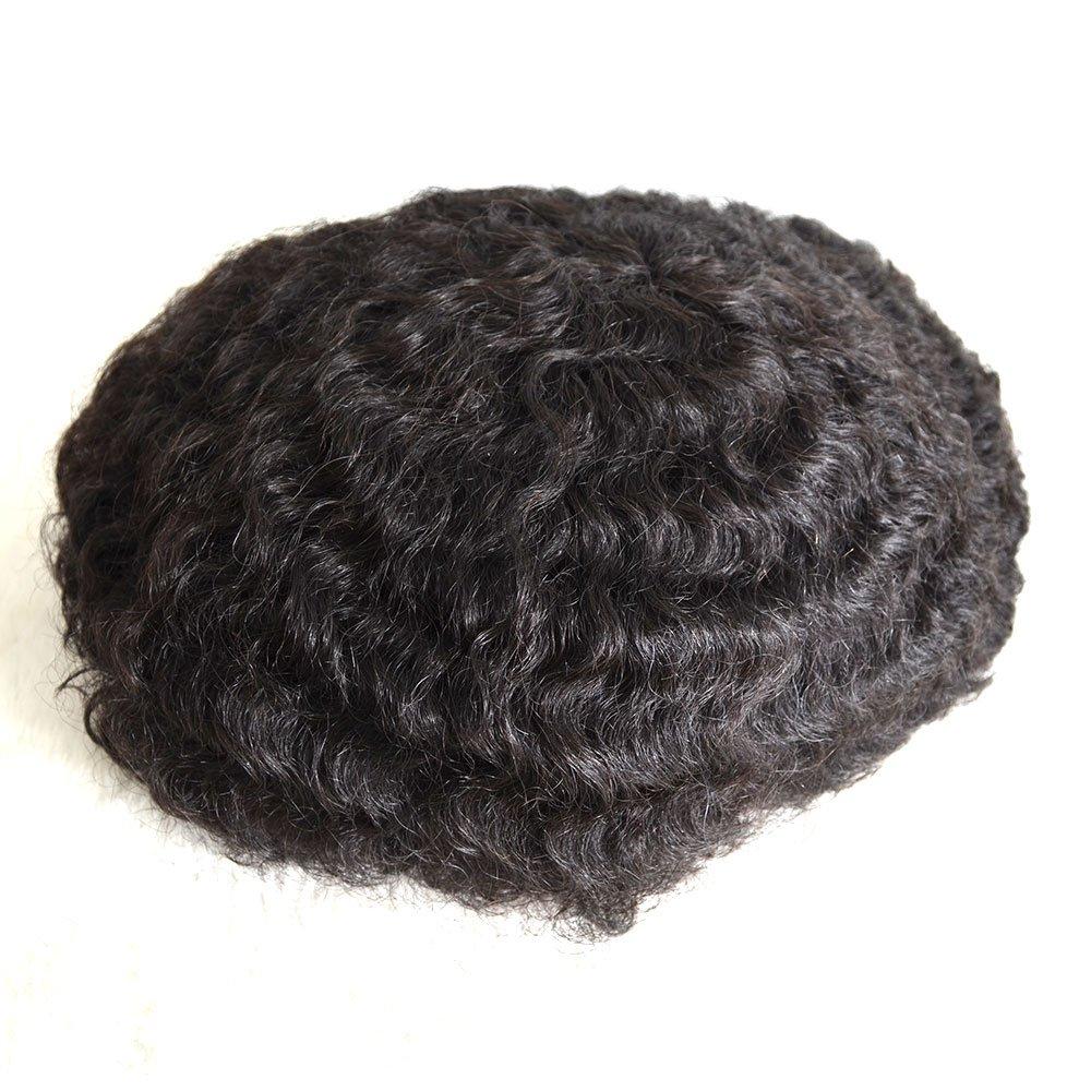 All French Lace Base Custom Afro Mens Toupee Hairpiece Indian Human Hair Replacement System African American Wigs - #1B(Natural Black) 12mm Curl