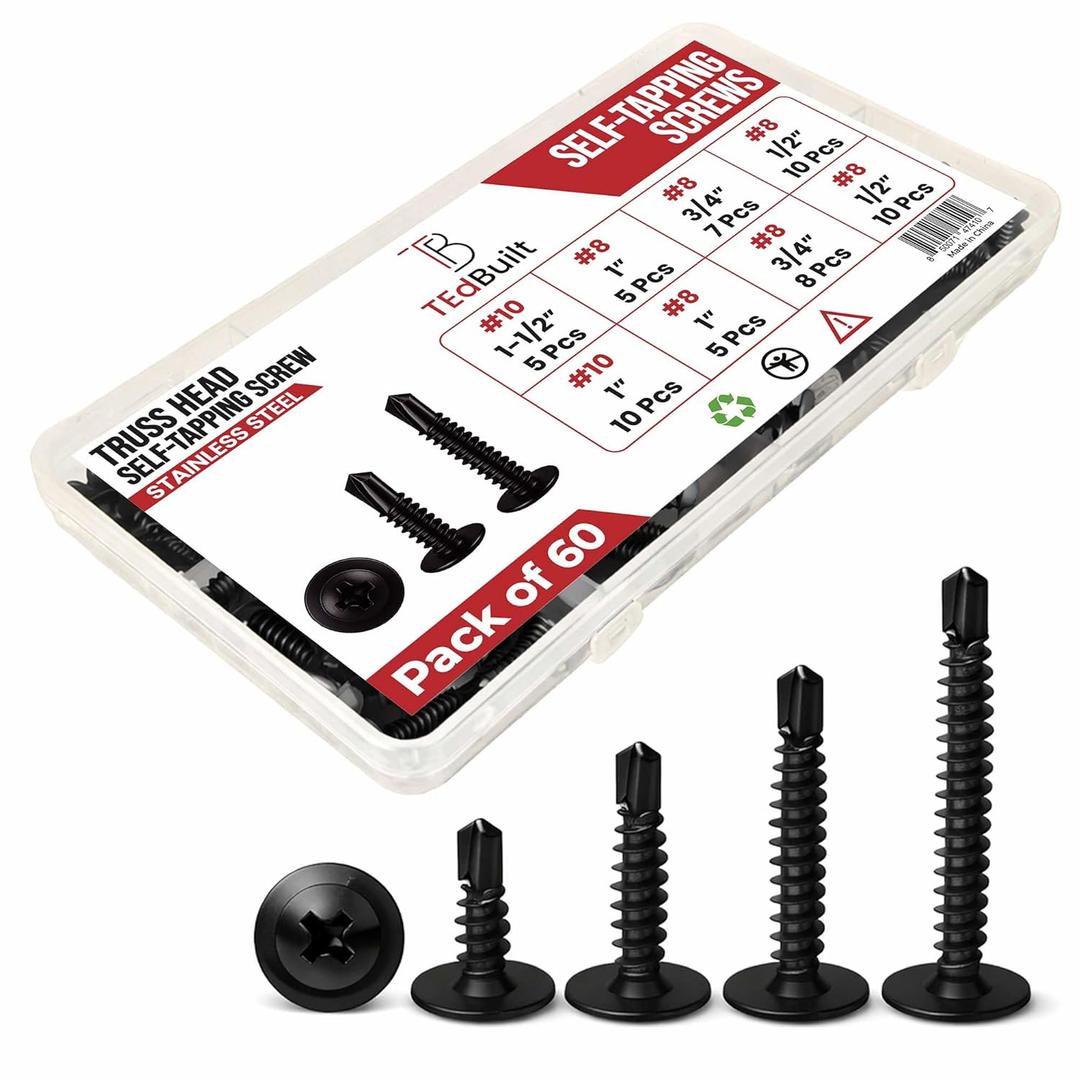 9 x Black Truss Head Self Tapping Screws for Metal Stainless Steel 410 Pack of 60 (#8x1/2, #8x3/4,#8x1,#10x1,#10x1-1/2)5 Sizes Sheet Metal Screws Self Drilling Screws Rust & Wear Resistant