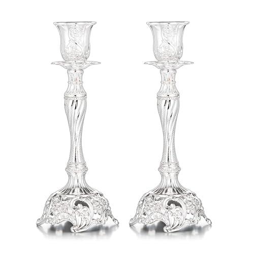 Sziqiqi Silver Plated Candlestick Holders Set of 2 Taper Candle Holders Deluxe Ornate Candle Holders for Shabbat Taper Candles, Candle Centerpiece, Wedding Candles, Christmas Candle, 7.4inch