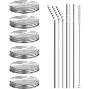 6pcs Pack 304 Stainless Steel Wide Mouth Mason Jar Lids with Straw Hole, Including 6pcs Stainless Steel Straws and 1pcs Cleaning Brush, Compatible with Ball & Kerr Mason Jars