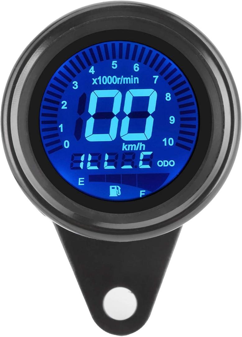 Aramox 12V Universal Motorcycle Digital Speedometer, Black LCD Multi-Functional Meter with Tachometer, Odometer, Fuel Gauge, Aluminum Alloy Shell